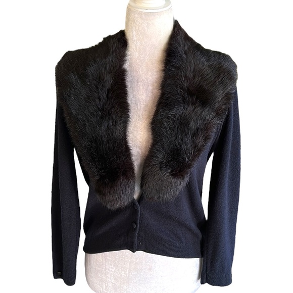 Vintage City Fur Company Black Genuine Fur Collared Cropped Knit Cardigan - M - Picture 14 of 14
